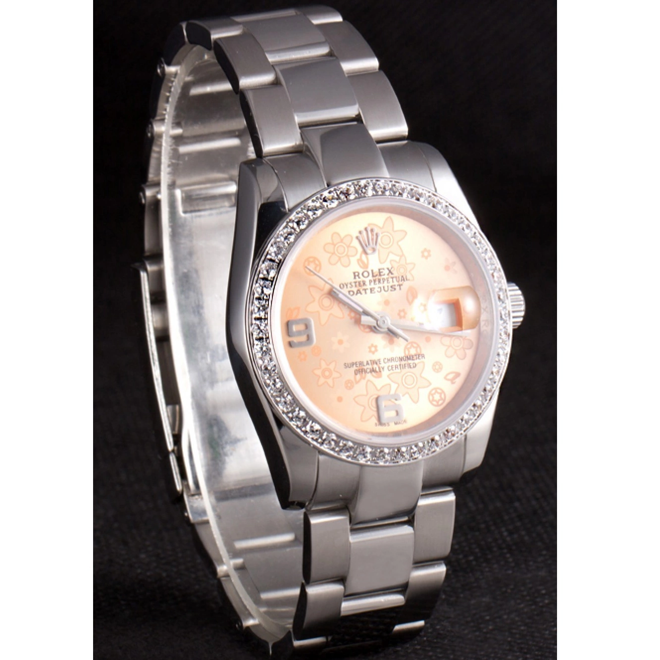 Good Copy Rolex Watches Plated Flowers Dial Steel Diamond Orange Polished Stainless Datejust Rolex 0729